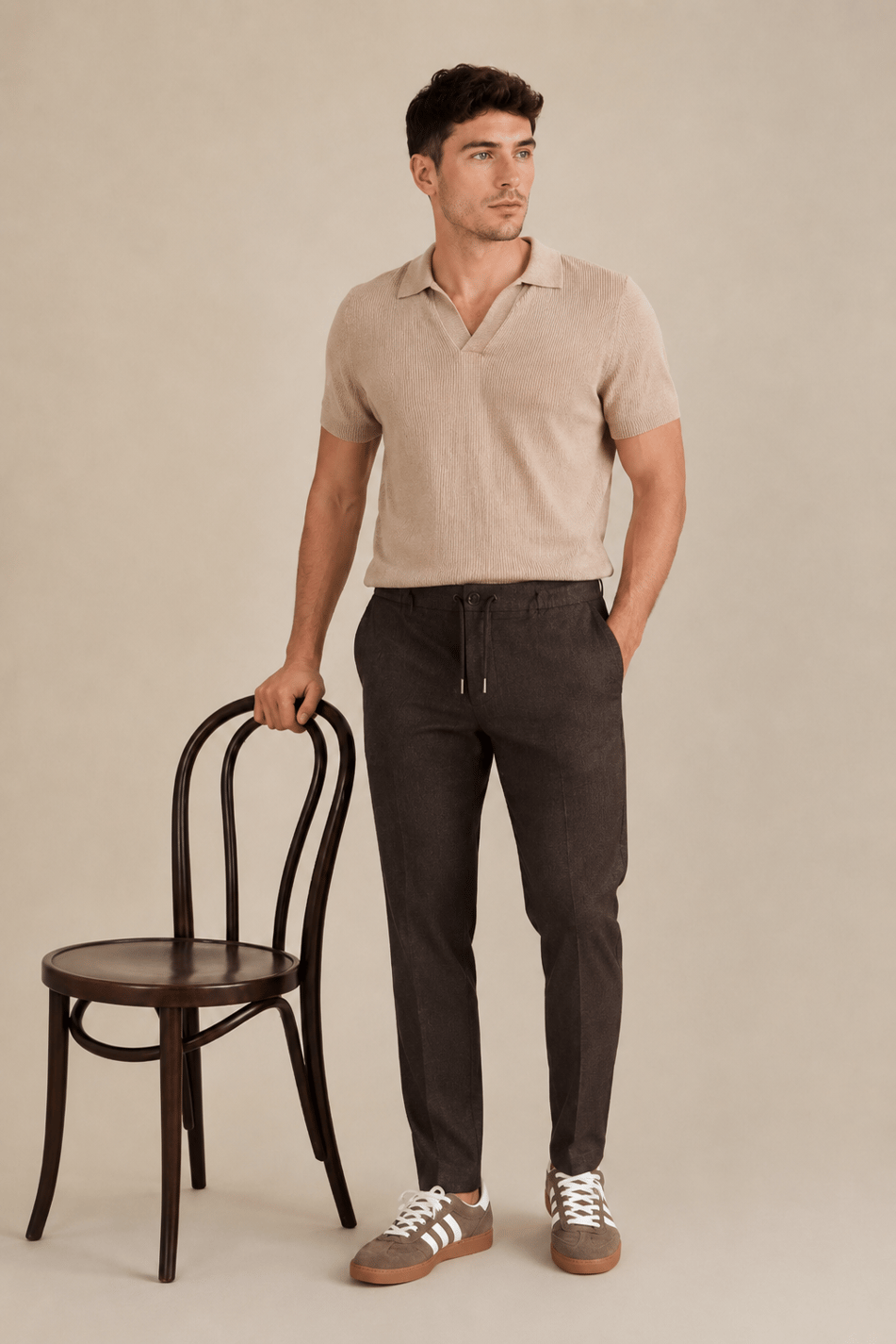 Erkek Yandan Cepli Bel Bağcıklı Slim Fit Chino Kahverengi Pantolon