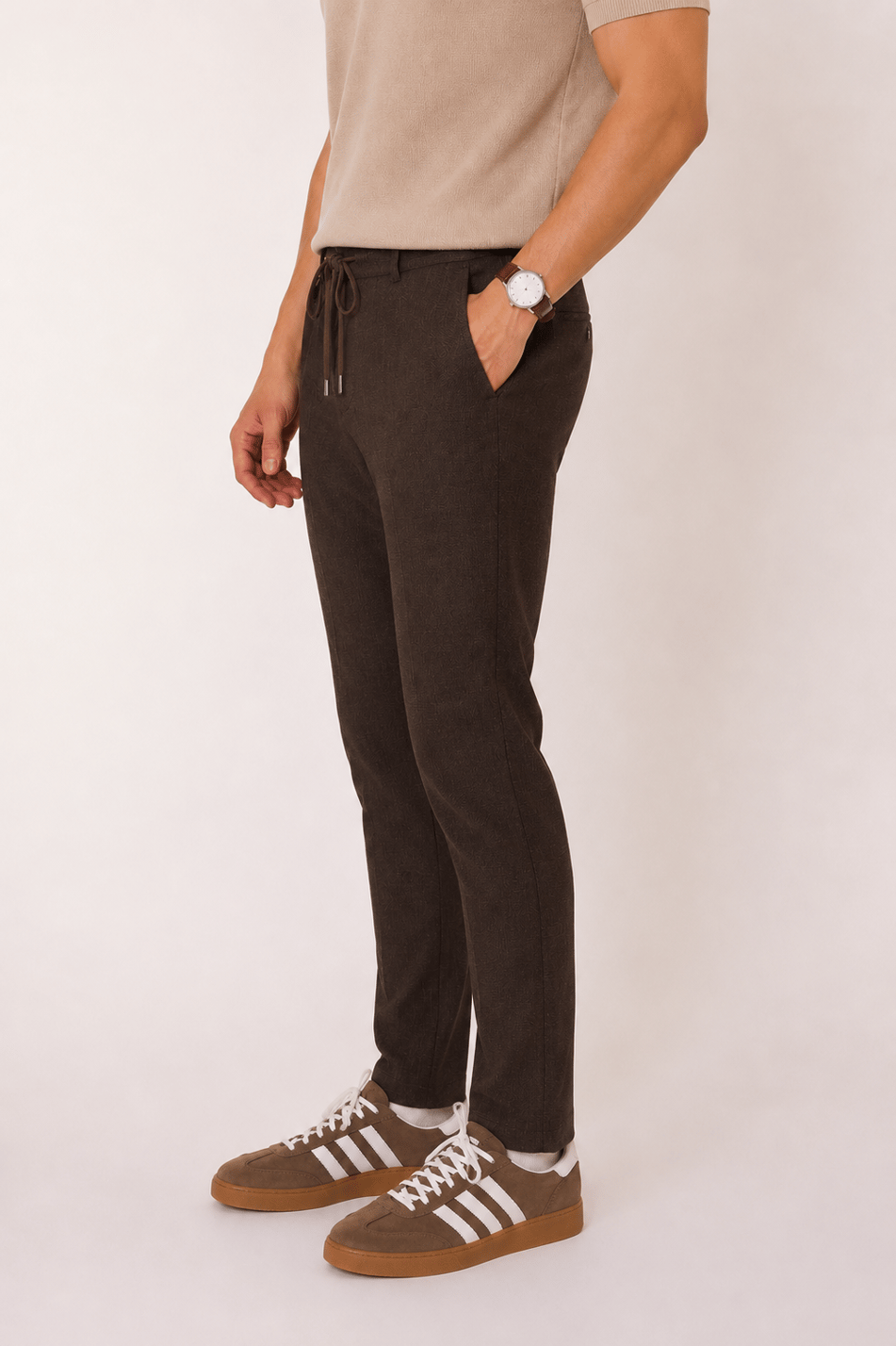 Erkek Yandan Cepli Bel Bağcıklı Slim Fit Chino Kahverengi Pantolon