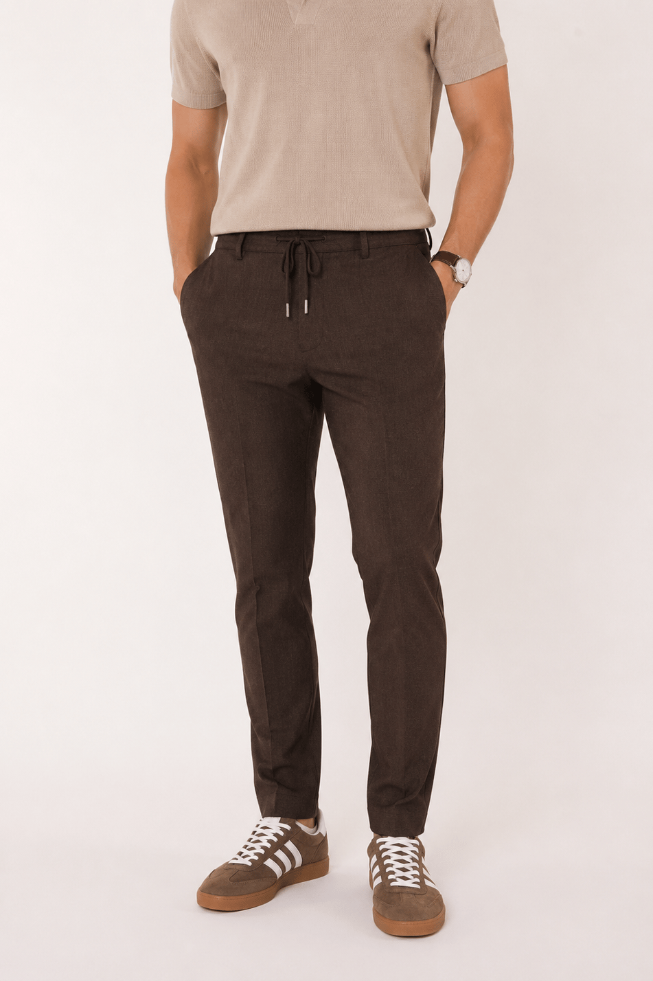 Erkek Yandan Cepli Bel Bağcıklı Slim Fit Chino Kahverengi Pantolon
