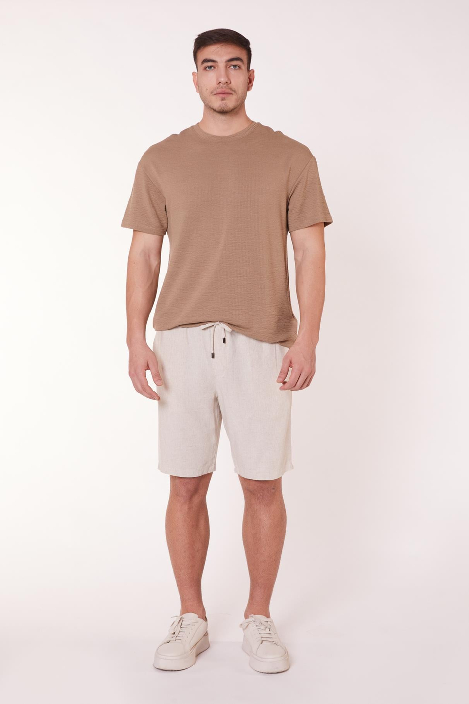  Men Side Pocket Drawstring Waist Jogger Linen Shorts  Beige