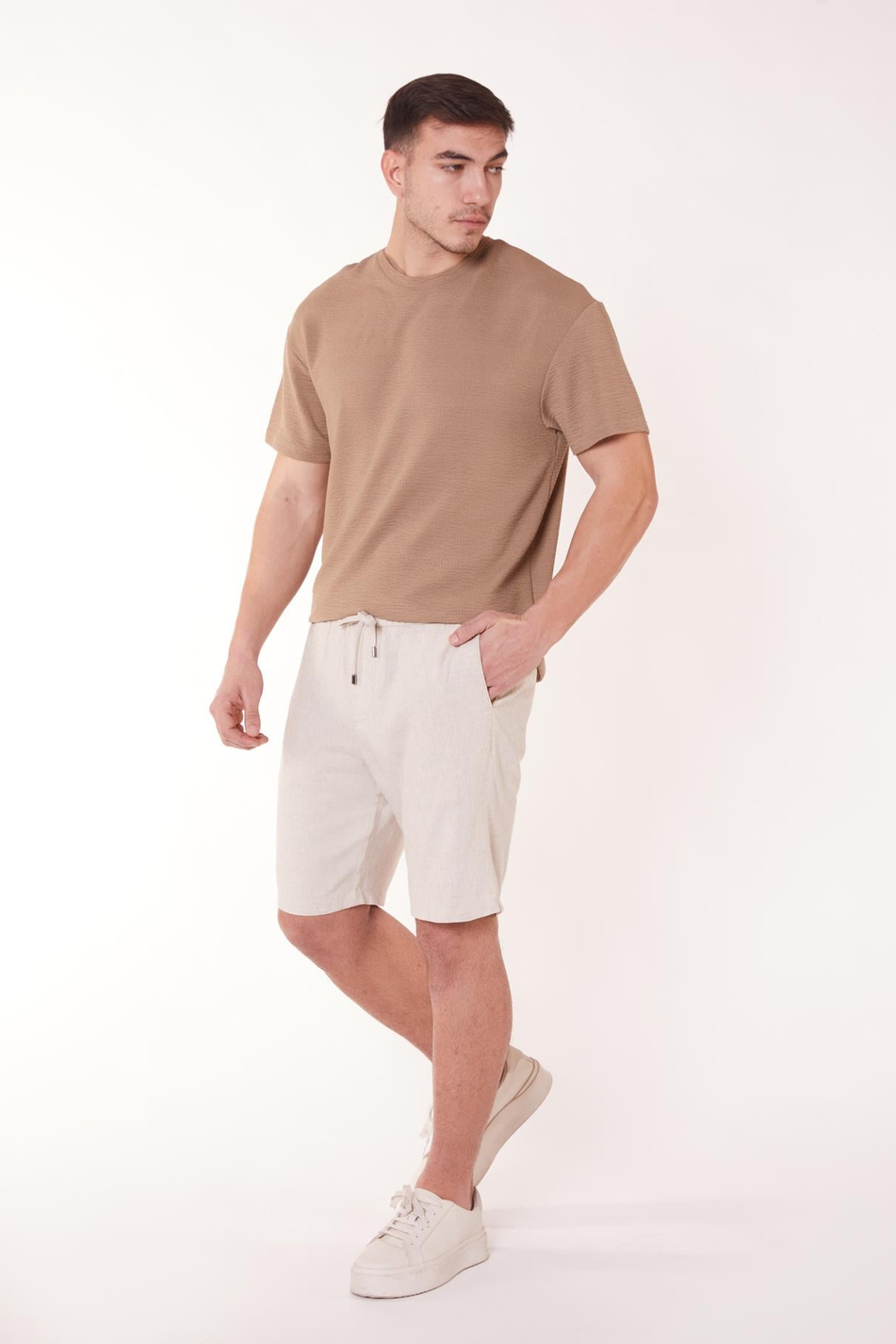  Men Side Pocket Drawstring Waist Jogger Linen Shorts  Beige