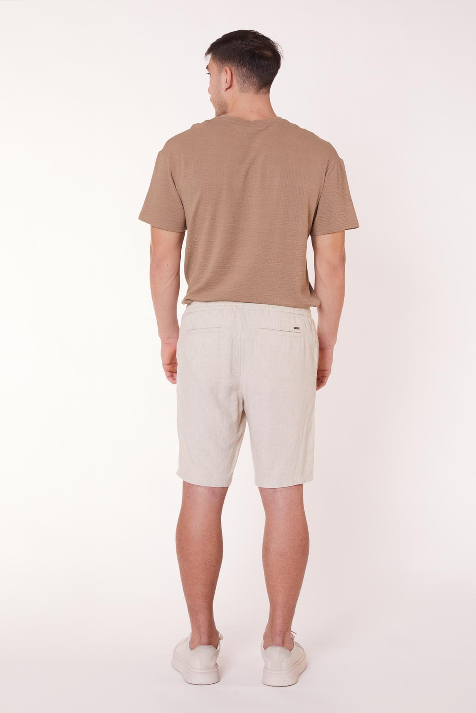  Men Side Pocket Drawstring Waist Jogger Linen Shorts  Beige