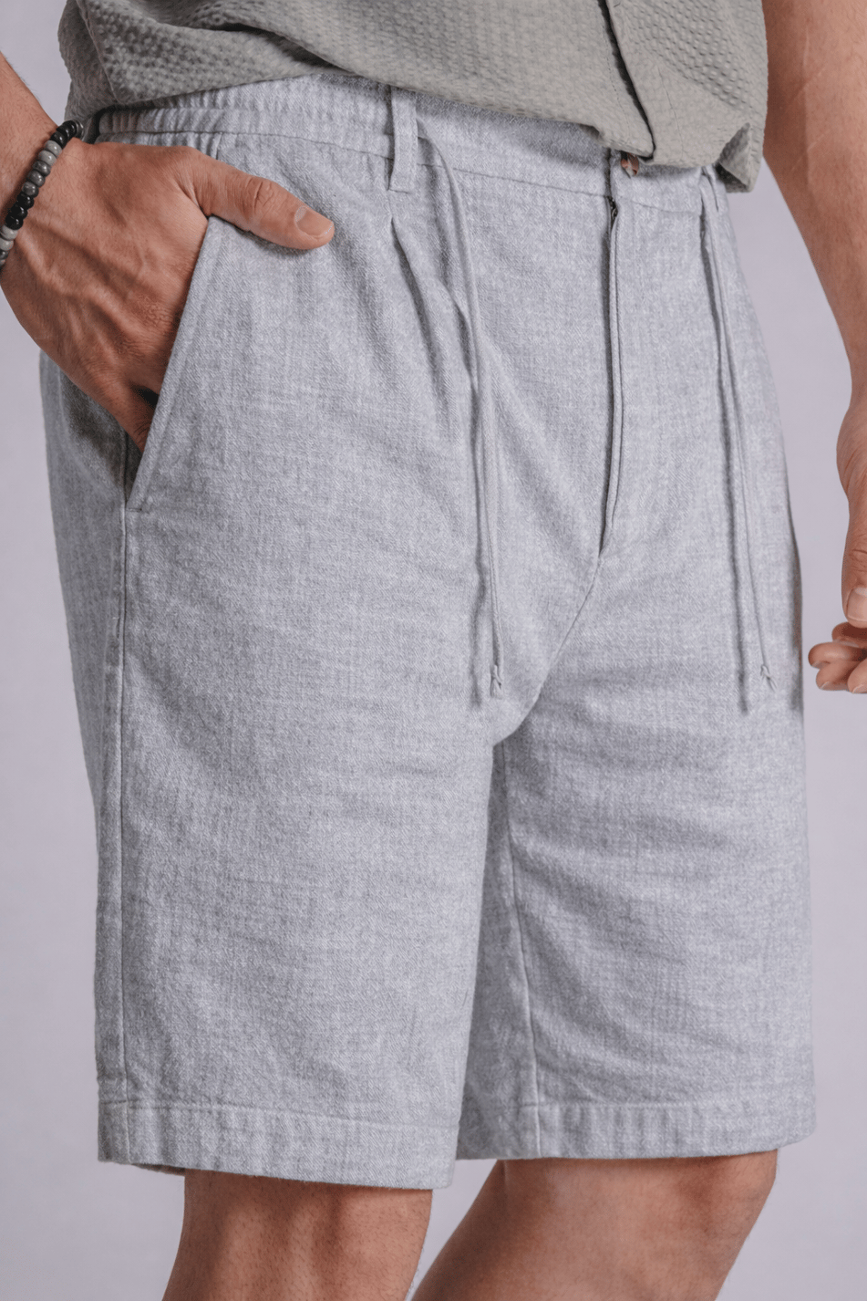 Erkek Yandan Cepli Beli Lastikli Keten Karışımlı Relaxed Fit Chino Şort Gri