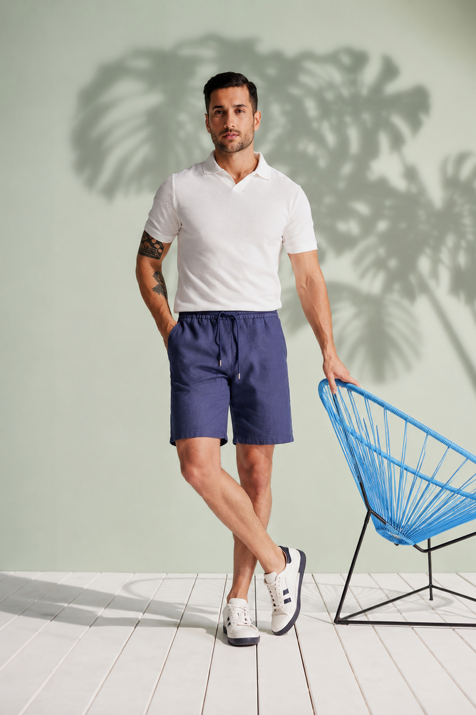 Erkek Yandan Cepli Beli Lastikli Keten Dokulu Relaxed Fit Jogger Şort Lacivert