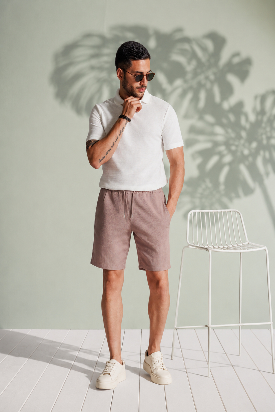 Erkek Yandan Cepli Beli Lastikli Keten Dokulu Relaxed Fit Jogger Şort Vizon