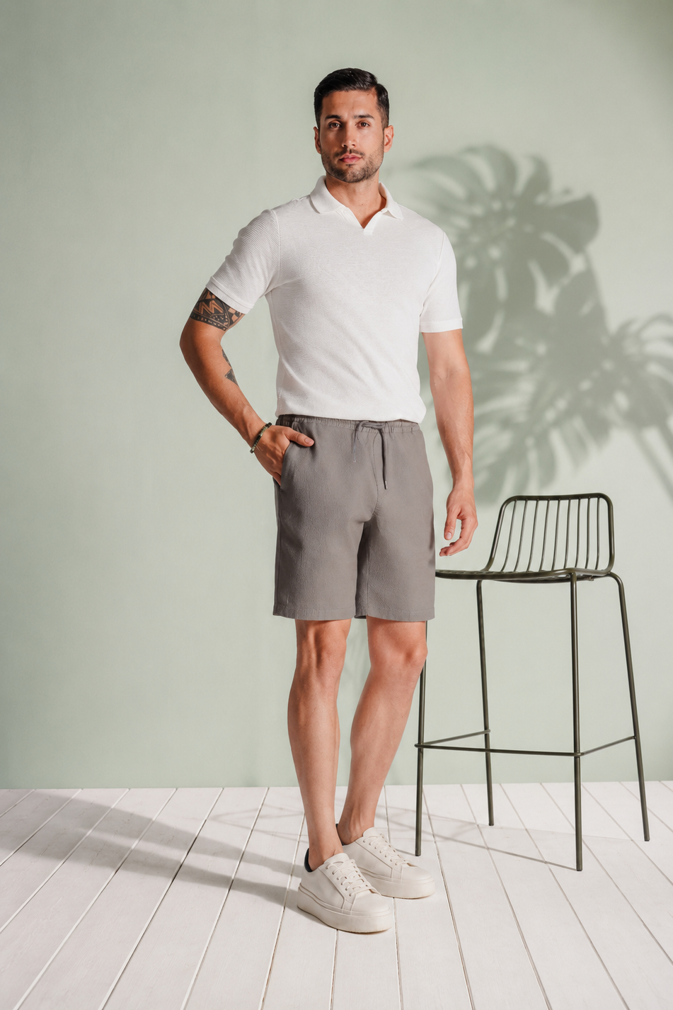 Erkek Yandan Cepli Beli Lastikli Keten Dokulu Relaxed Fit Jogger Şort Haki