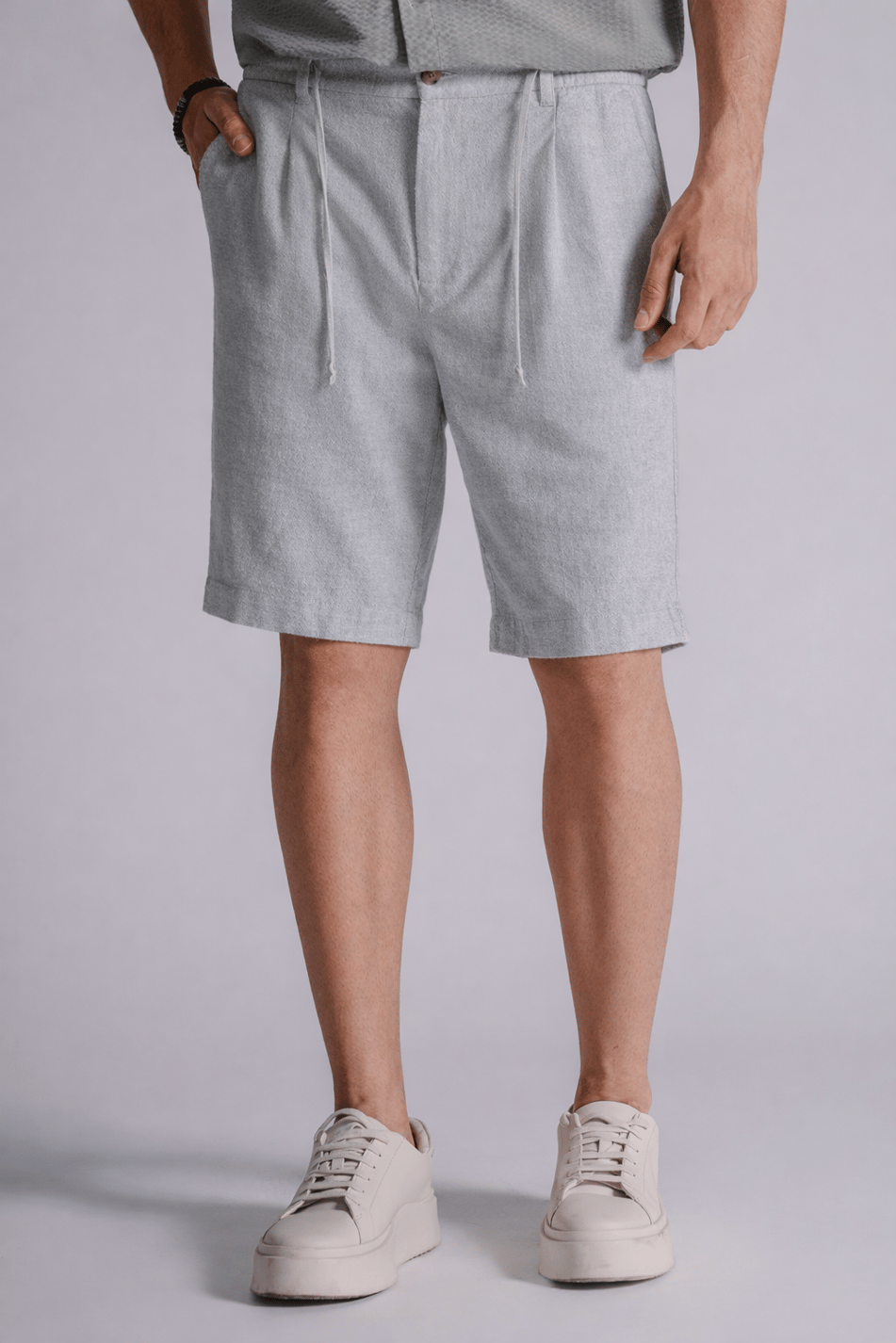 Erkek Yandan Cepli Beli Lastikli Keten Karışımlı Relaxed Fit Chino Şort Gri