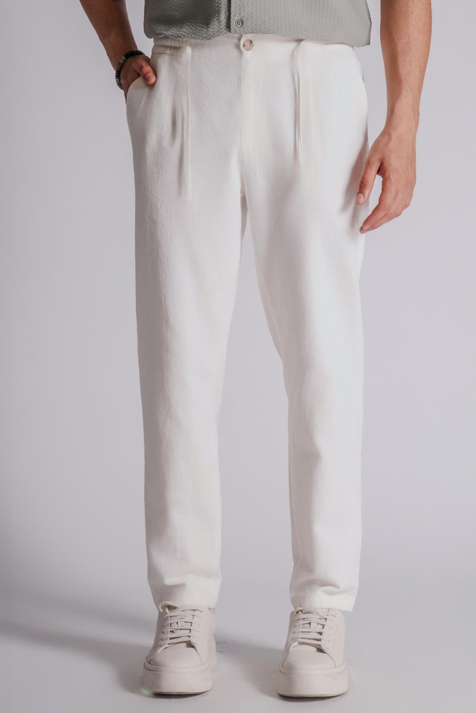 Erkek Yandan Cepli Beli Lastikli Keten Karışımlı Relaxed Fit Beyaz