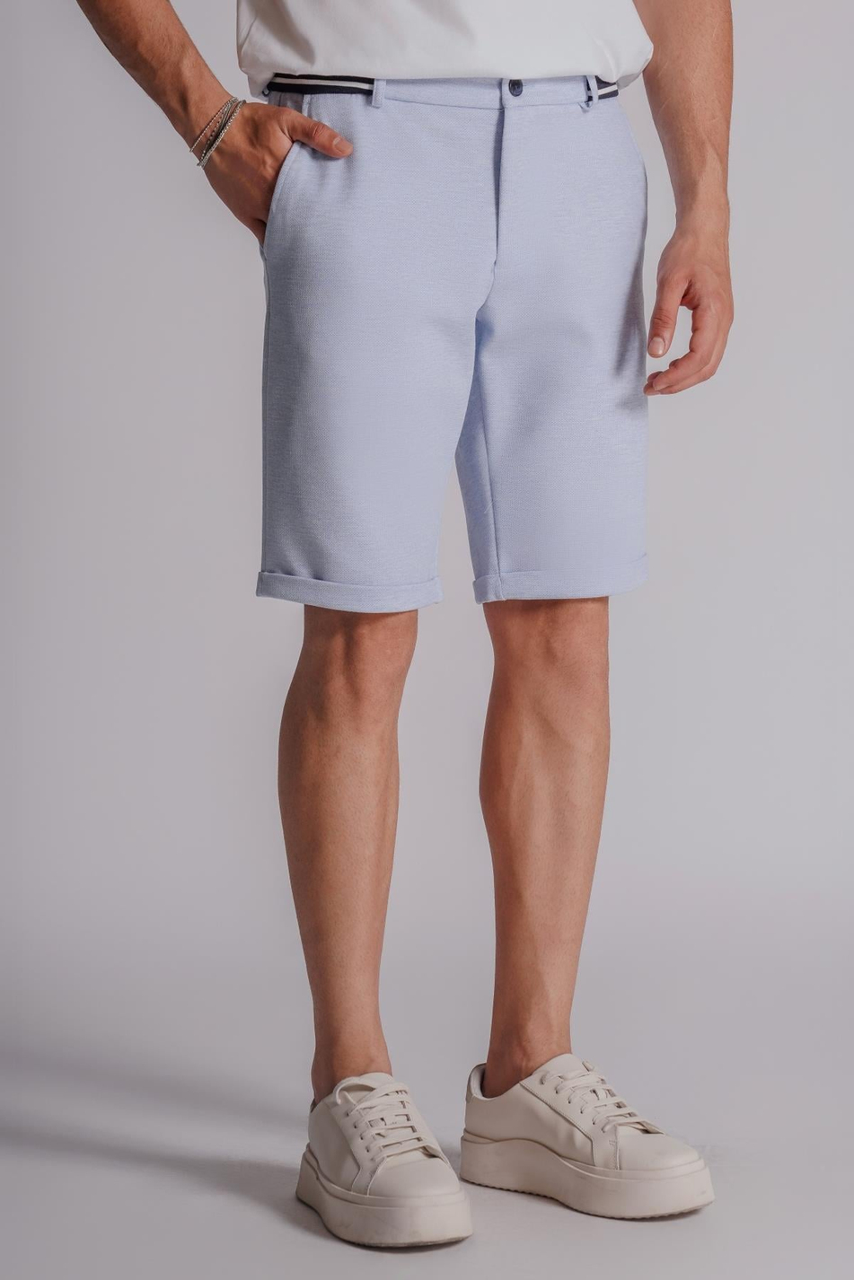  Men Side Pocket Ribbed Waist Slim Fit Chino Shorts  Blue