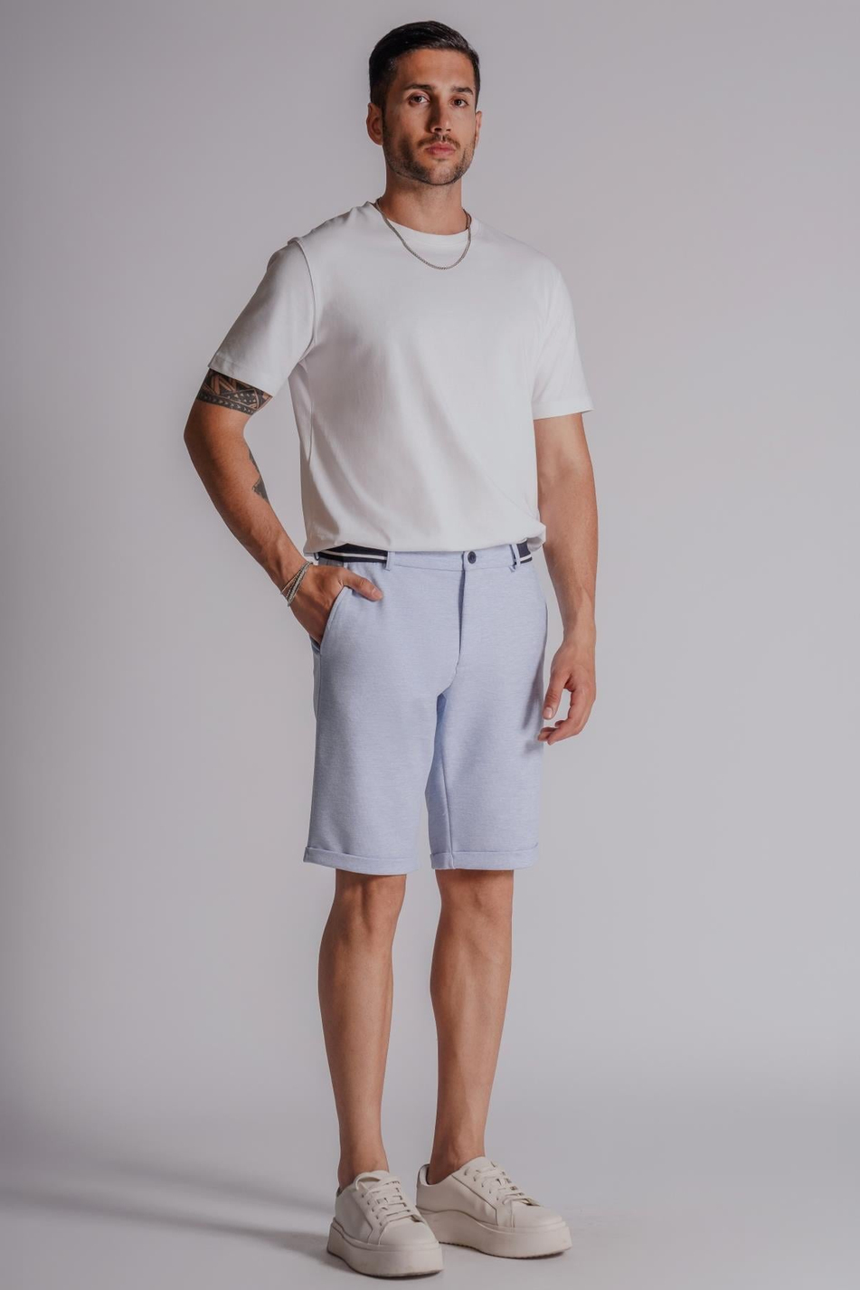  Men Side Pocket Ribbed Waist Slim Fit Chino Shorts  Blue