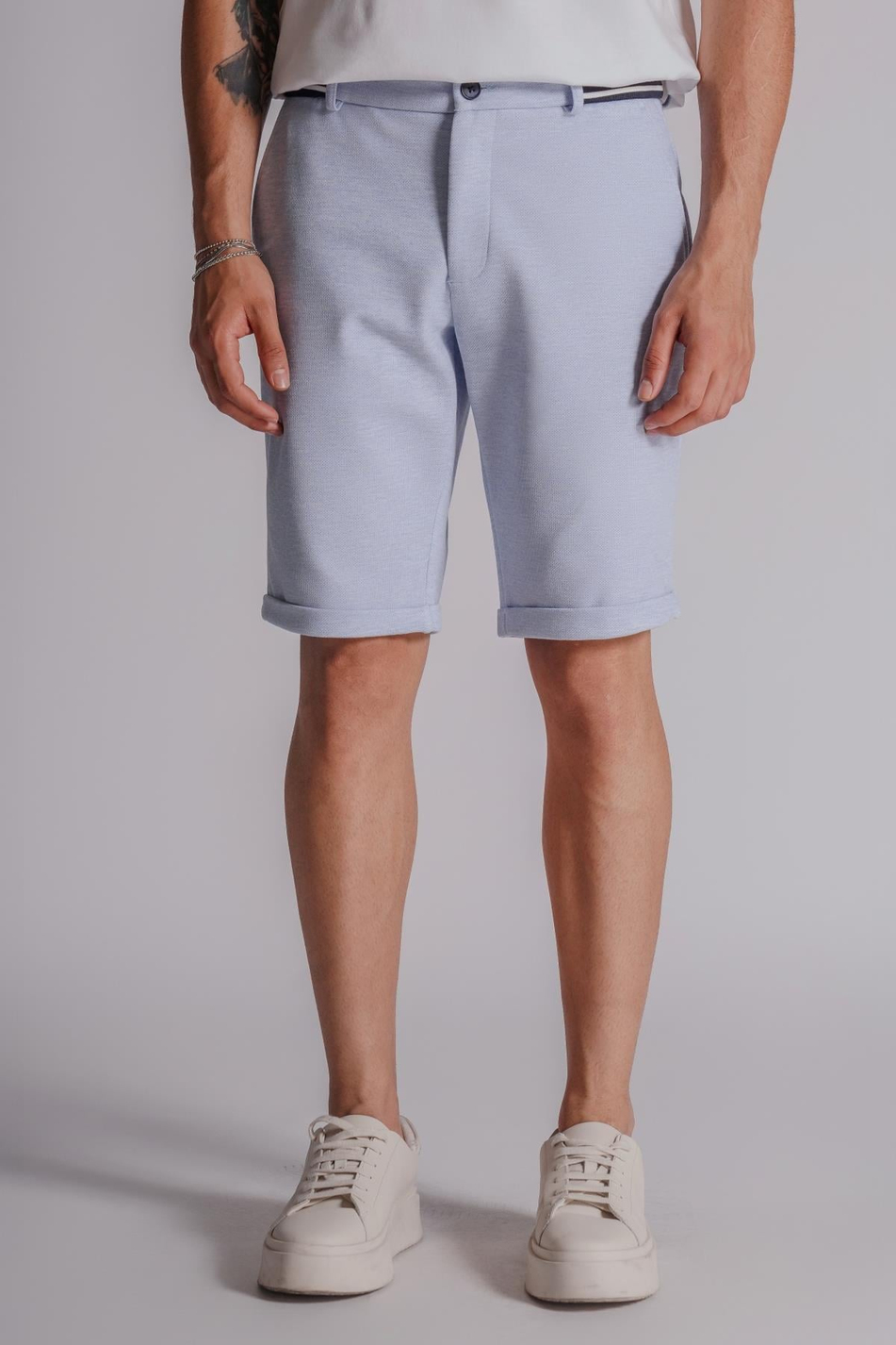  Men Side Pocket Ribbed Waist Slim Fit Chino Shorts  Blue