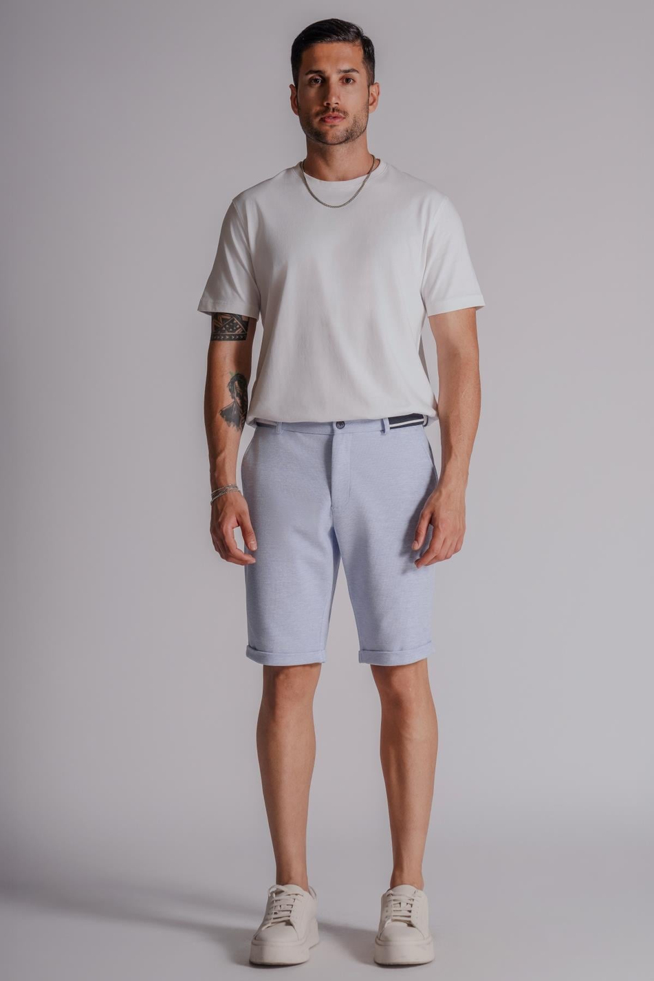  Men Side Pocket Ribbed Waist Slim Fit Chino Shorts  Blue