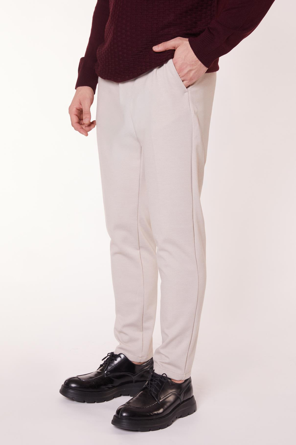  Men Side Pocket Half Elastic Waist Slim Fit Chino Pants  Beige