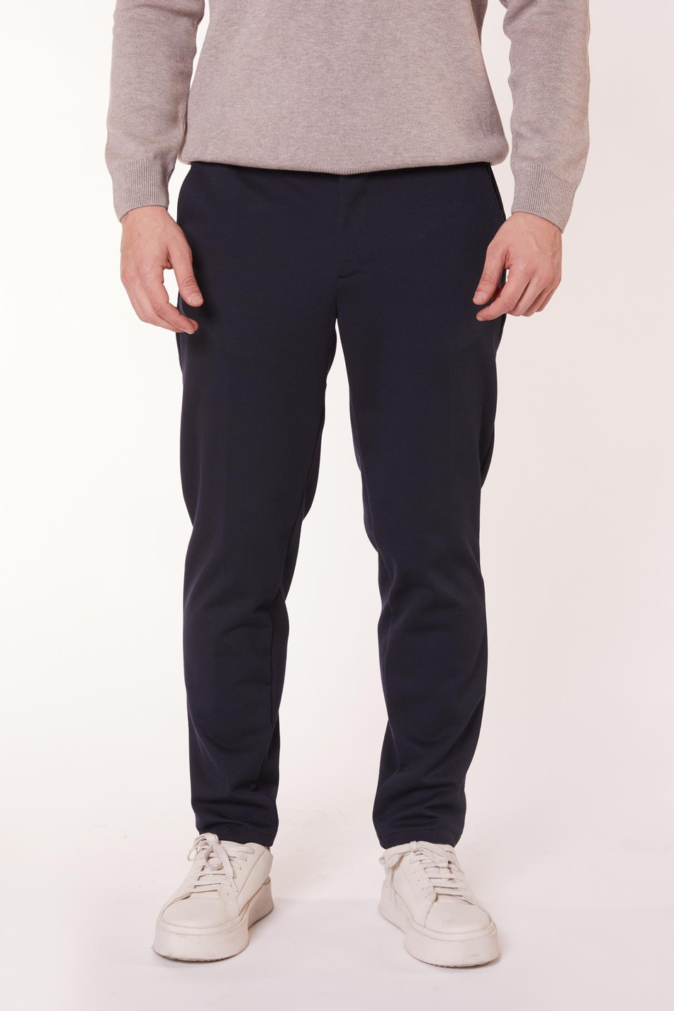  Men Side Pocket Half Elastic Waist Slim Fit Chino Pants  Navy Blue