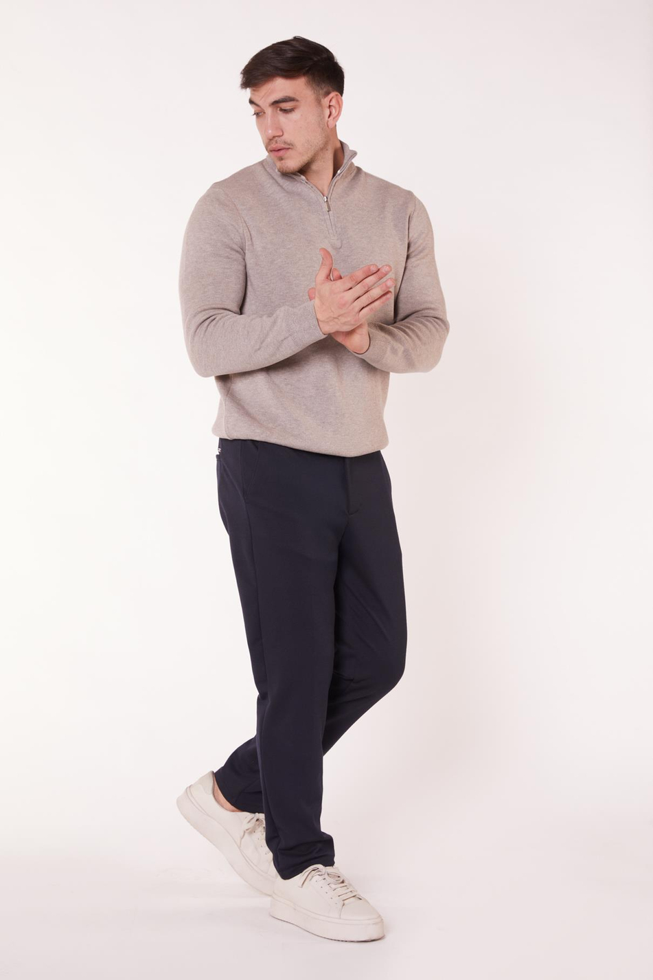  Men Side Pocket Half Elastic Waist Slim Fit Chino Pants  Navy Blue