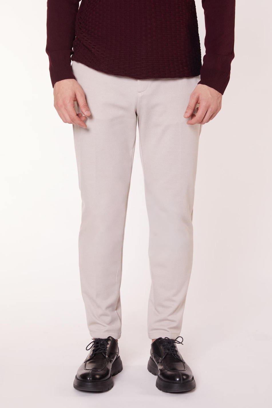  Men Side Pocket Half Elastic Waist Slim Fit Chino Pants  Beige