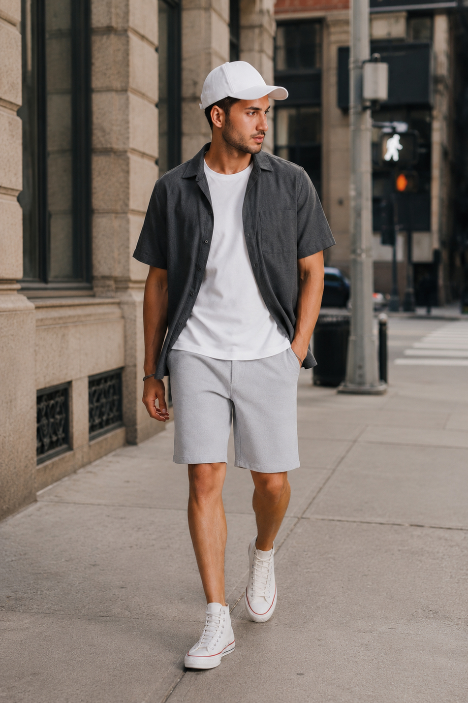 Erkek Yandan Cepli Klasik Bel Slim Fit Chino Şort Gri