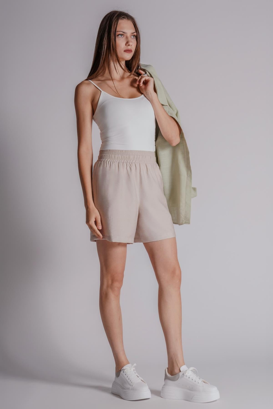  Women Elastic Waist Jogger Shorts  Stone