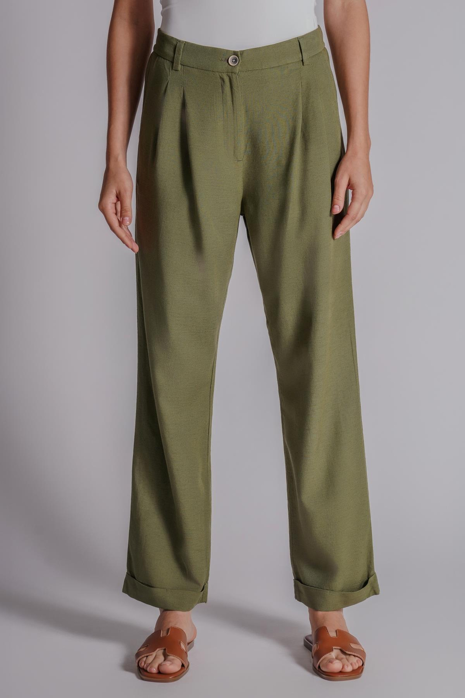 Kadın Beli Yarım Lastikli Çift Pilili Duble Paça Pantolon Taş