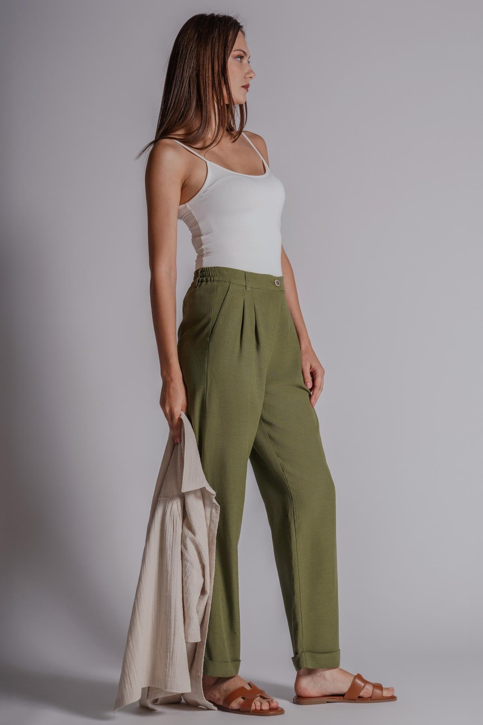 Kadın Beli Yarım Lastikli Çift Pilili Duble Paça Pantolon Taş