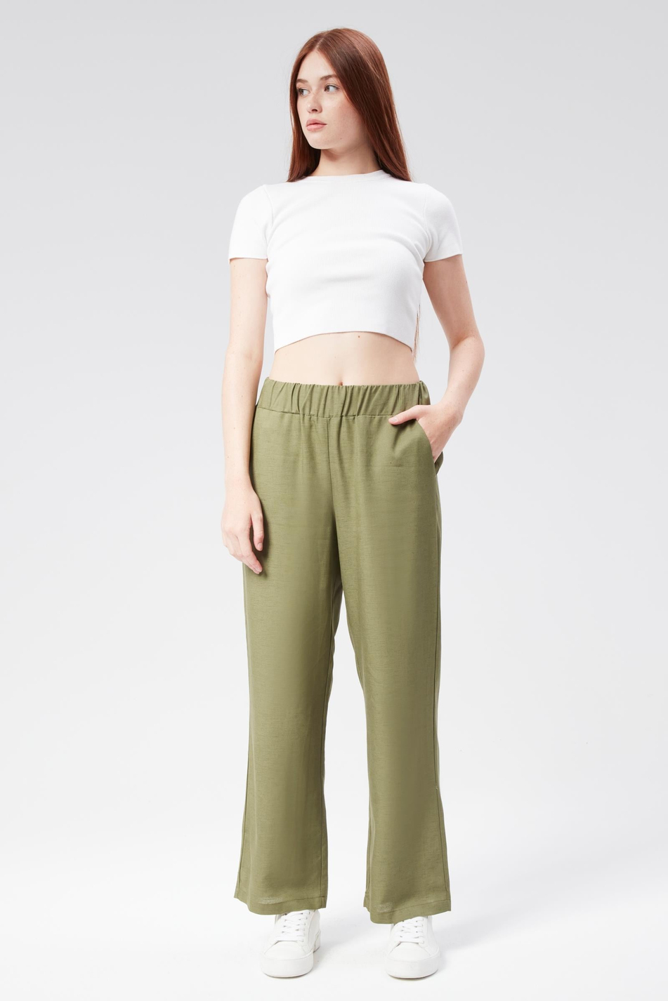 Kadın Keten Görünümlü Yandan Cepli Beli Lastikli Relaxed Fit Pantolon Haki