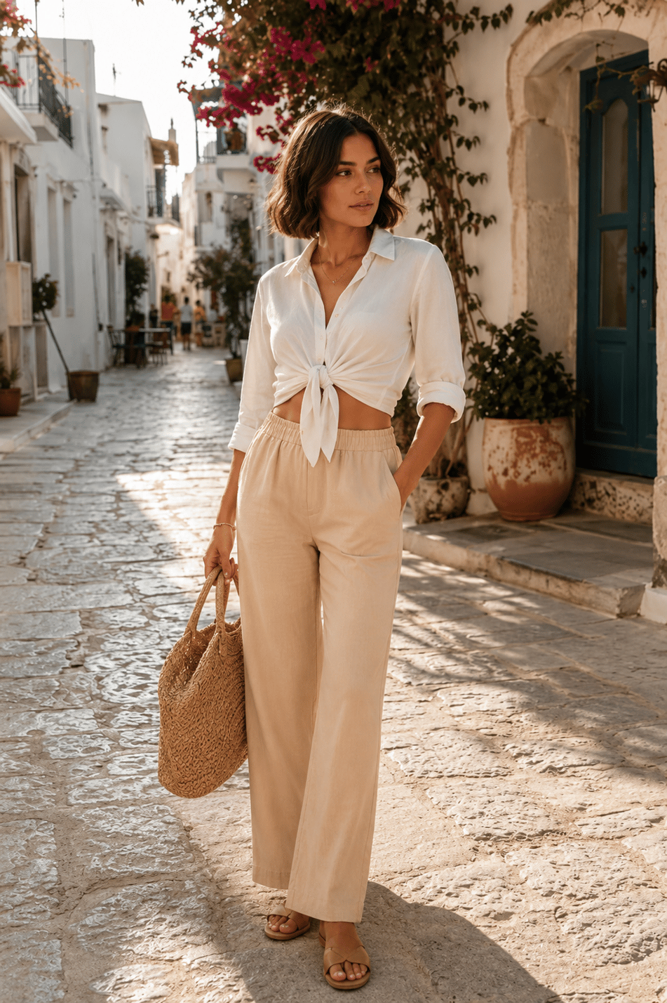 Kadın Keten Görünümlü Yandan Cepli Beli Lastikli Relaxed Fit Pantolon Taş