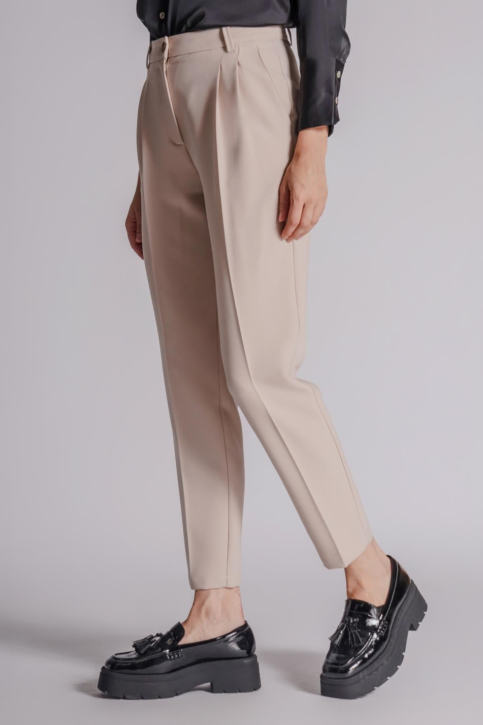  Women Side Pocket Back Pocket Elastic Waist Pleated Slim Fit Pants  Stone