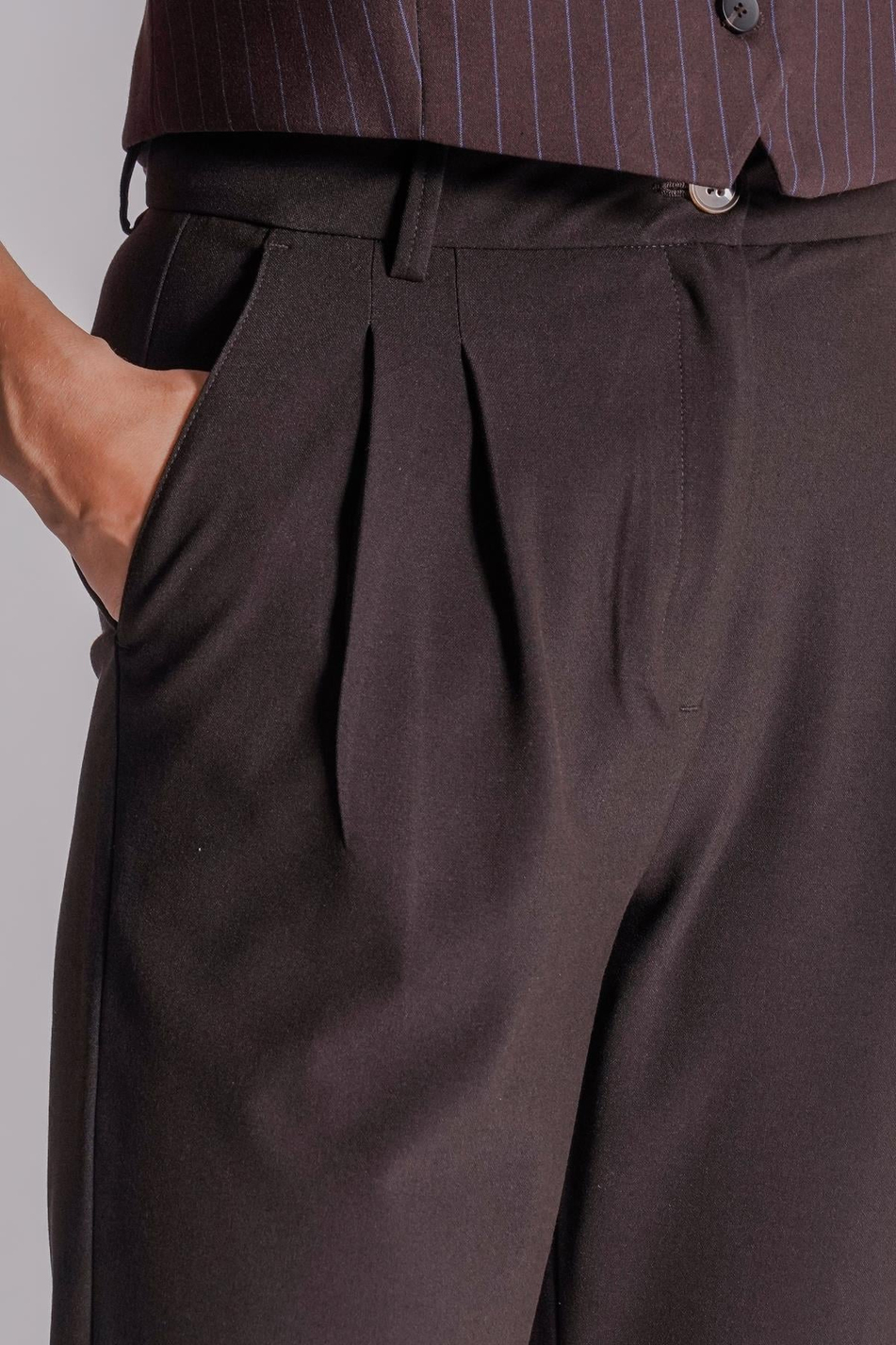  Women Side Pocket Back Pocket Elastic Waist Pleated Slim Fit Pants  Brown