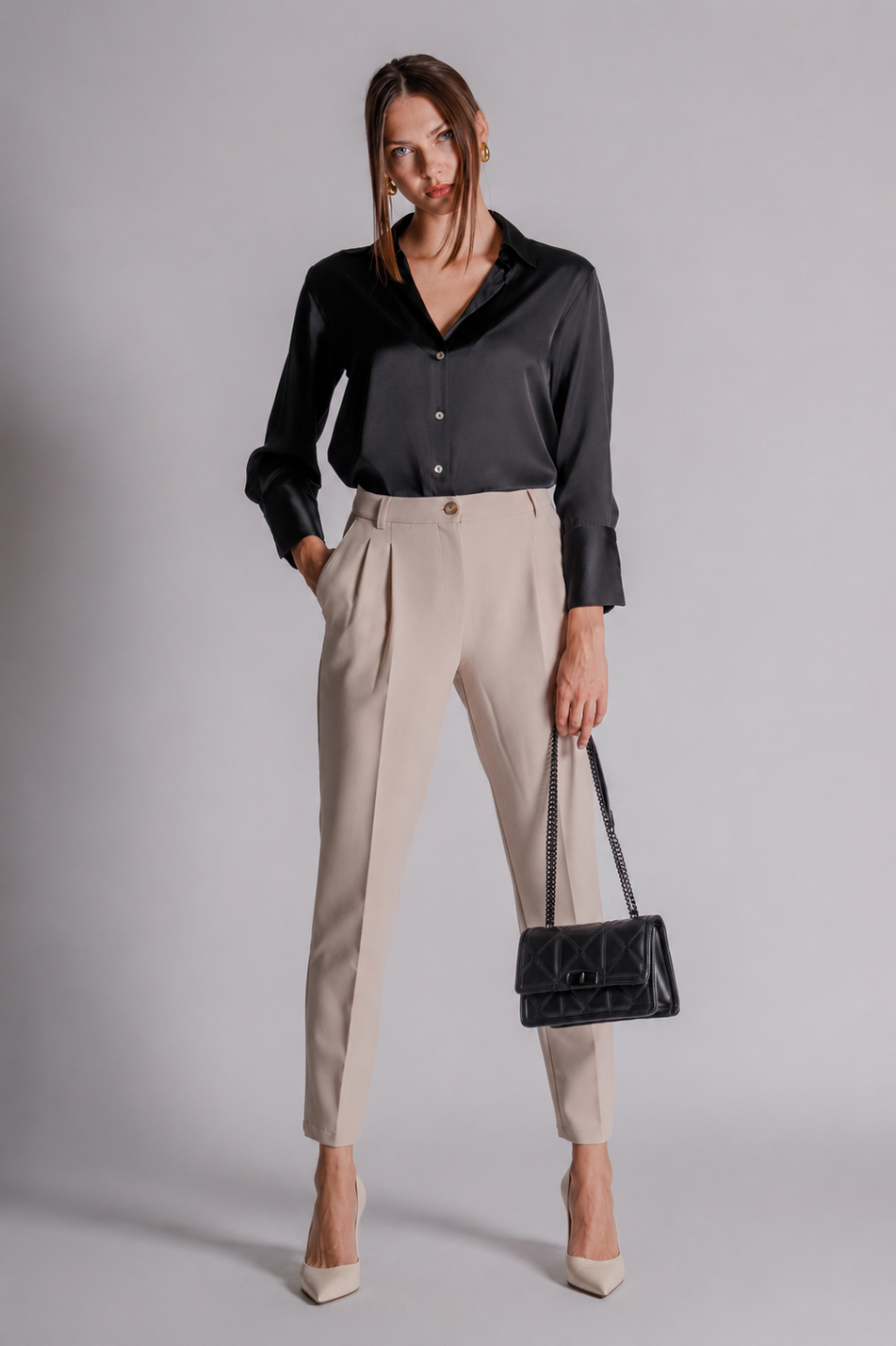  Women Side Pocket Back Pocket Elastic Waist Pleated Slim Fit Pants  Stone