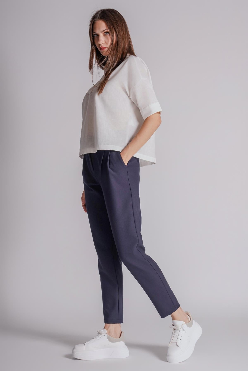  Women Side Pocket Back Pocket Elastic Waist Pleated Slim Fit Pants  Navy Blue