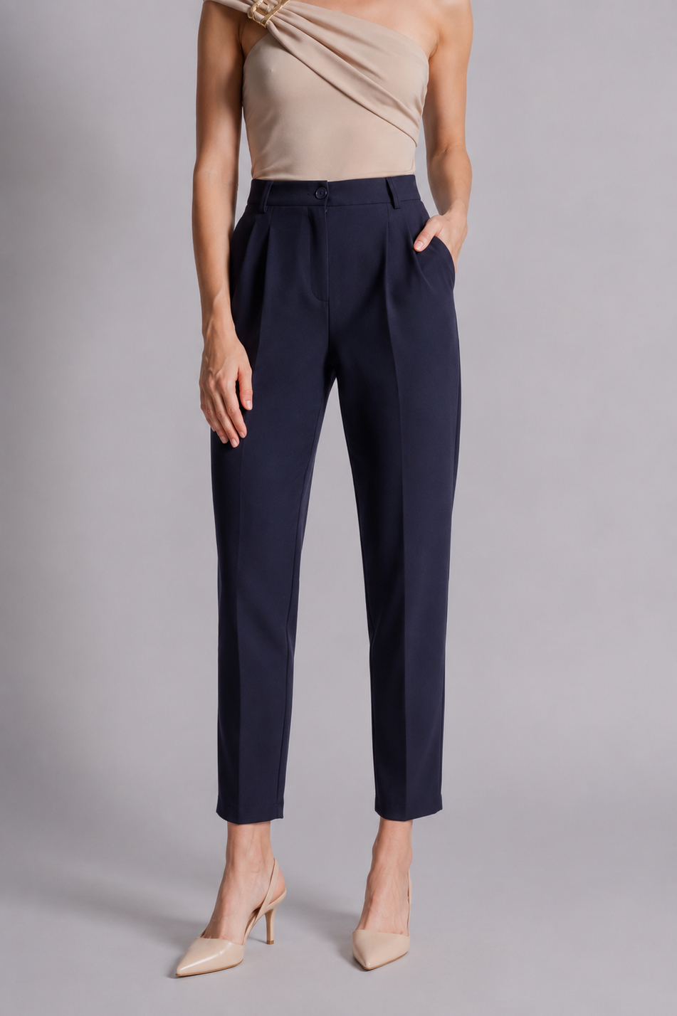  Women Side Pocket Back Pocket Elastic Waist Pleated Slim Fit Pants  Navy Blue