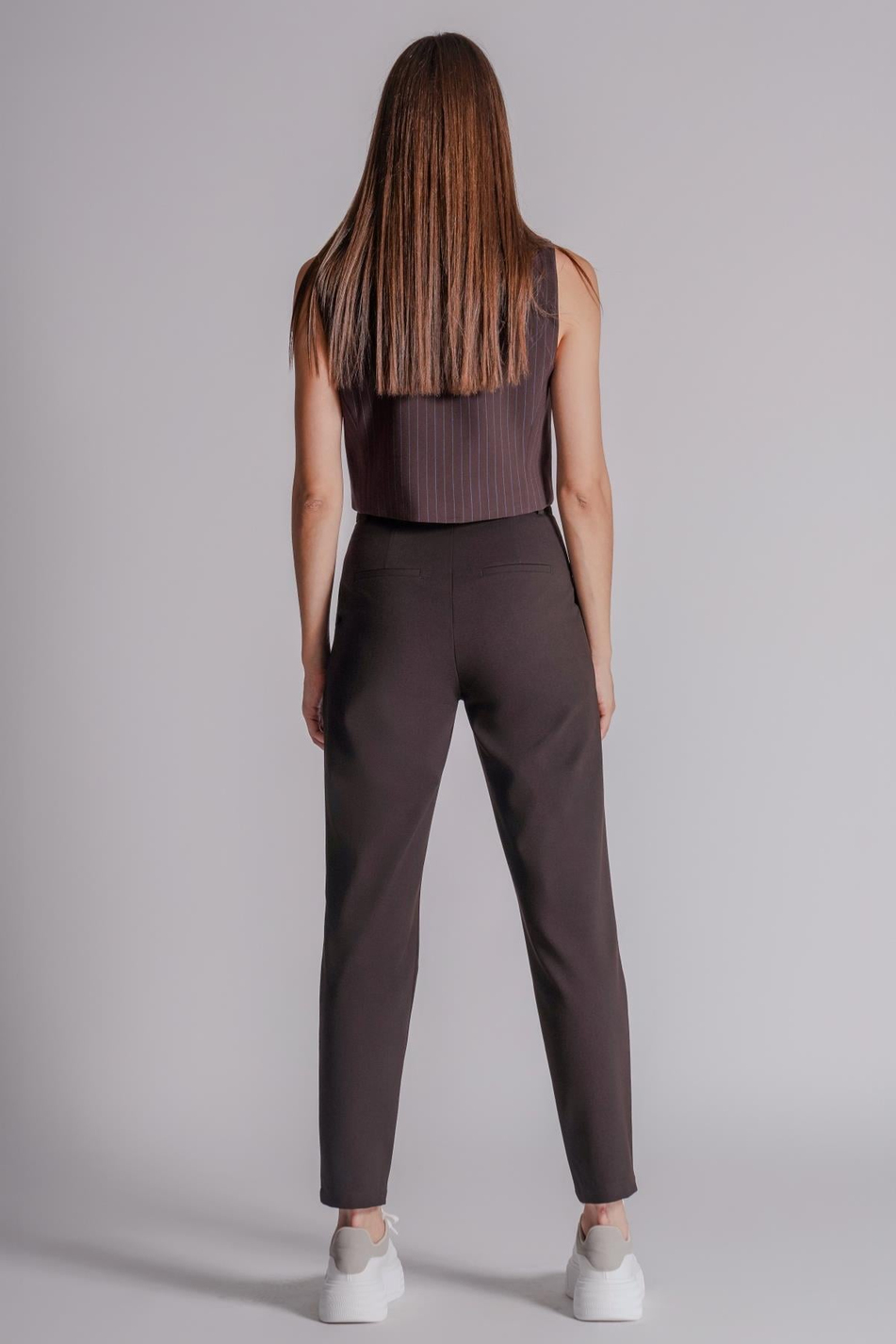  Women Side Pocket Back Pocket Elastic Waist Pleated Slim Fit Pants  Brown