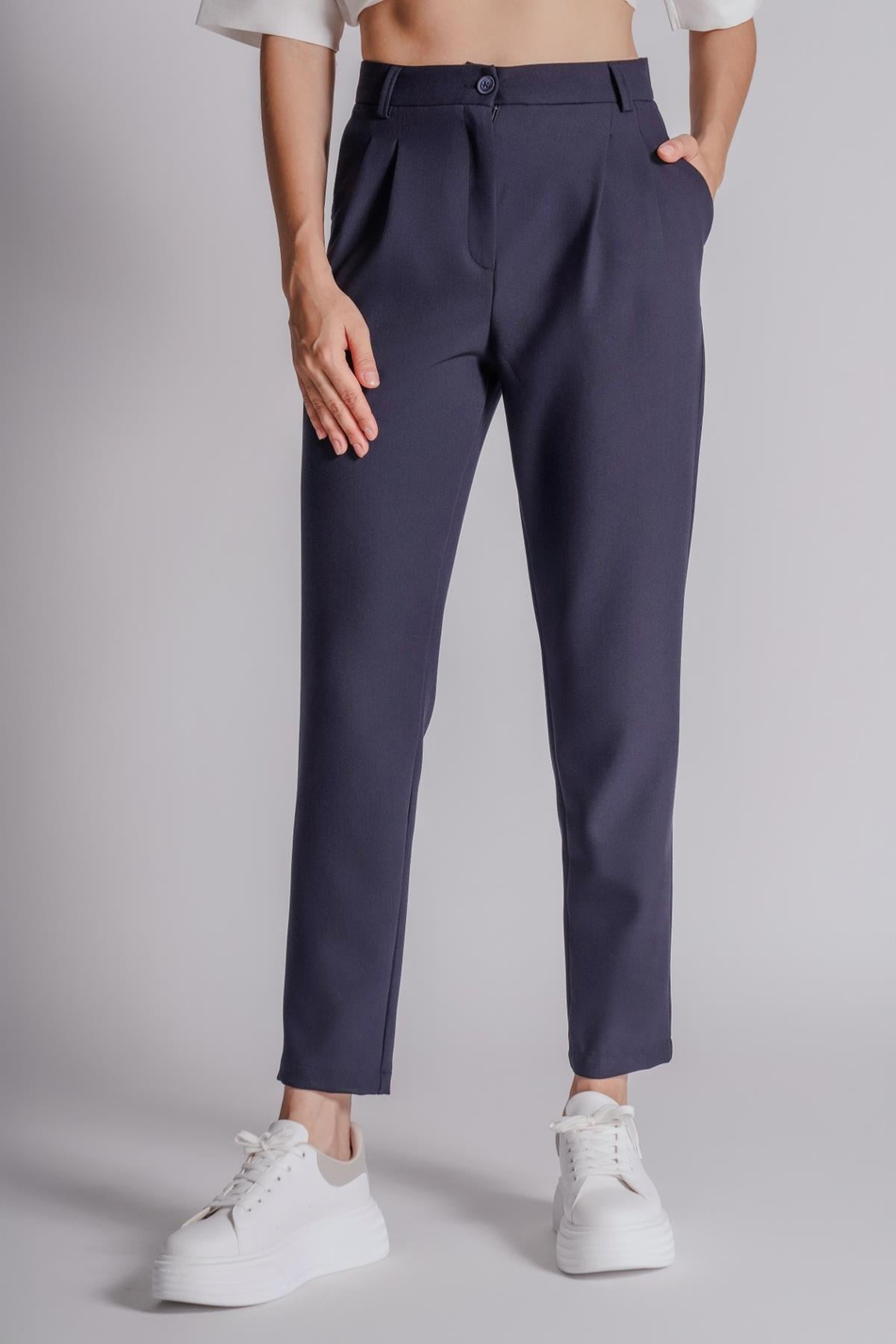  Women Side Pocket Back Pocket Elastic Waist Pleated Slim Fit Pants  Navy Blue