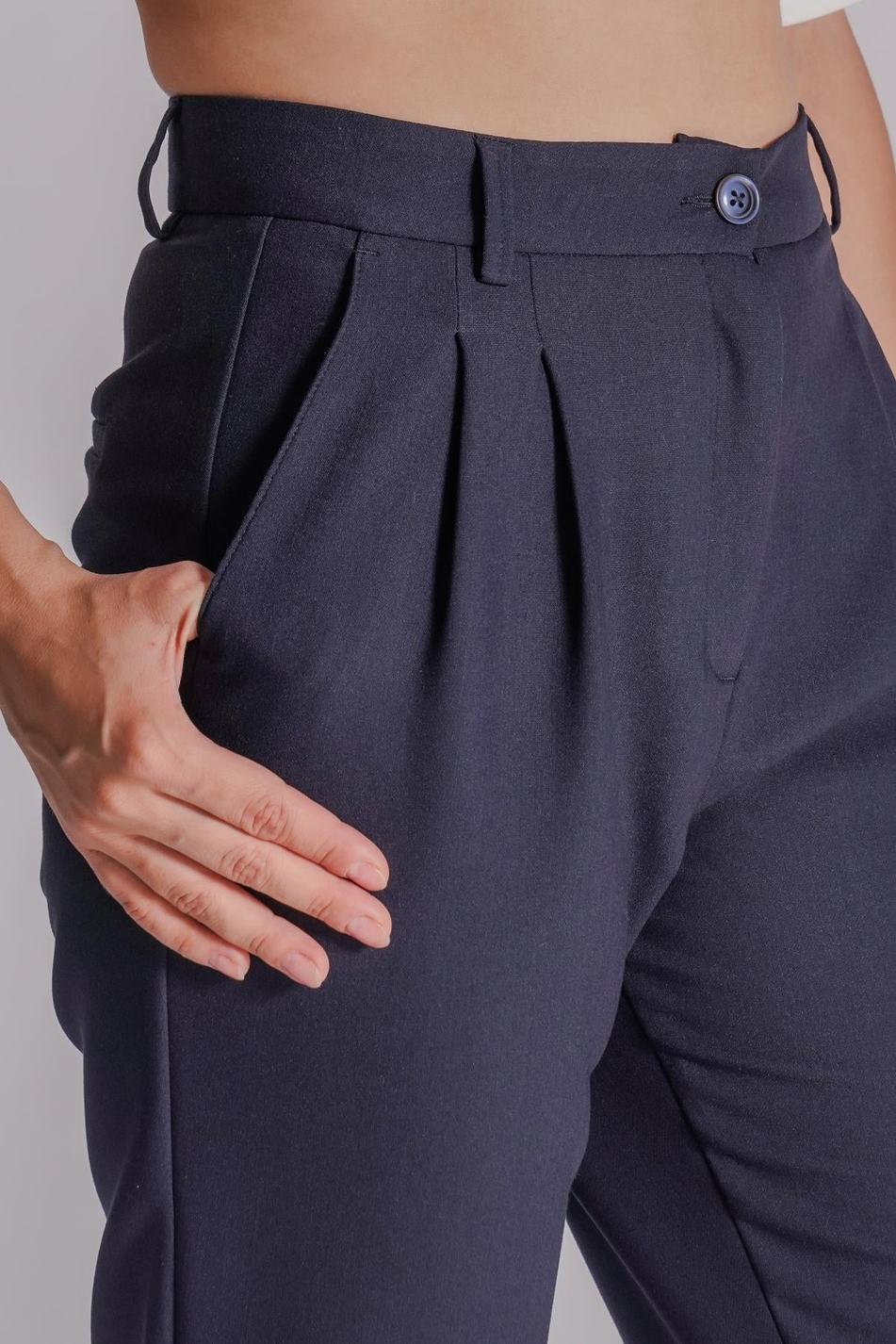  Women Side Pocket Back Pocket Elastic Waist Pleated Slim Fit Pants  Navy Blue