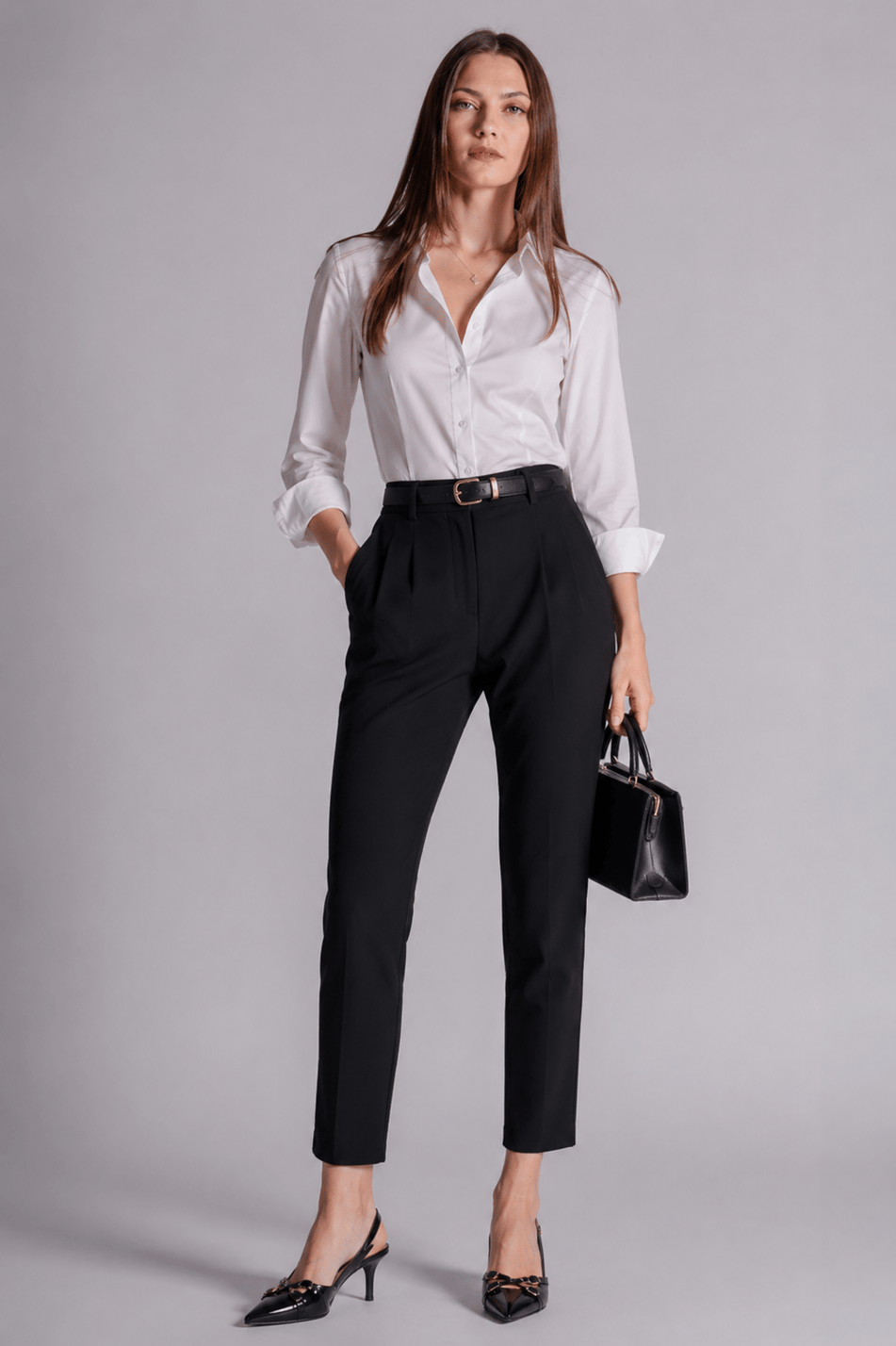 Kadın Siyah Yüksek Bel Yandan Cepli Pilili Slim Fit Pantolon