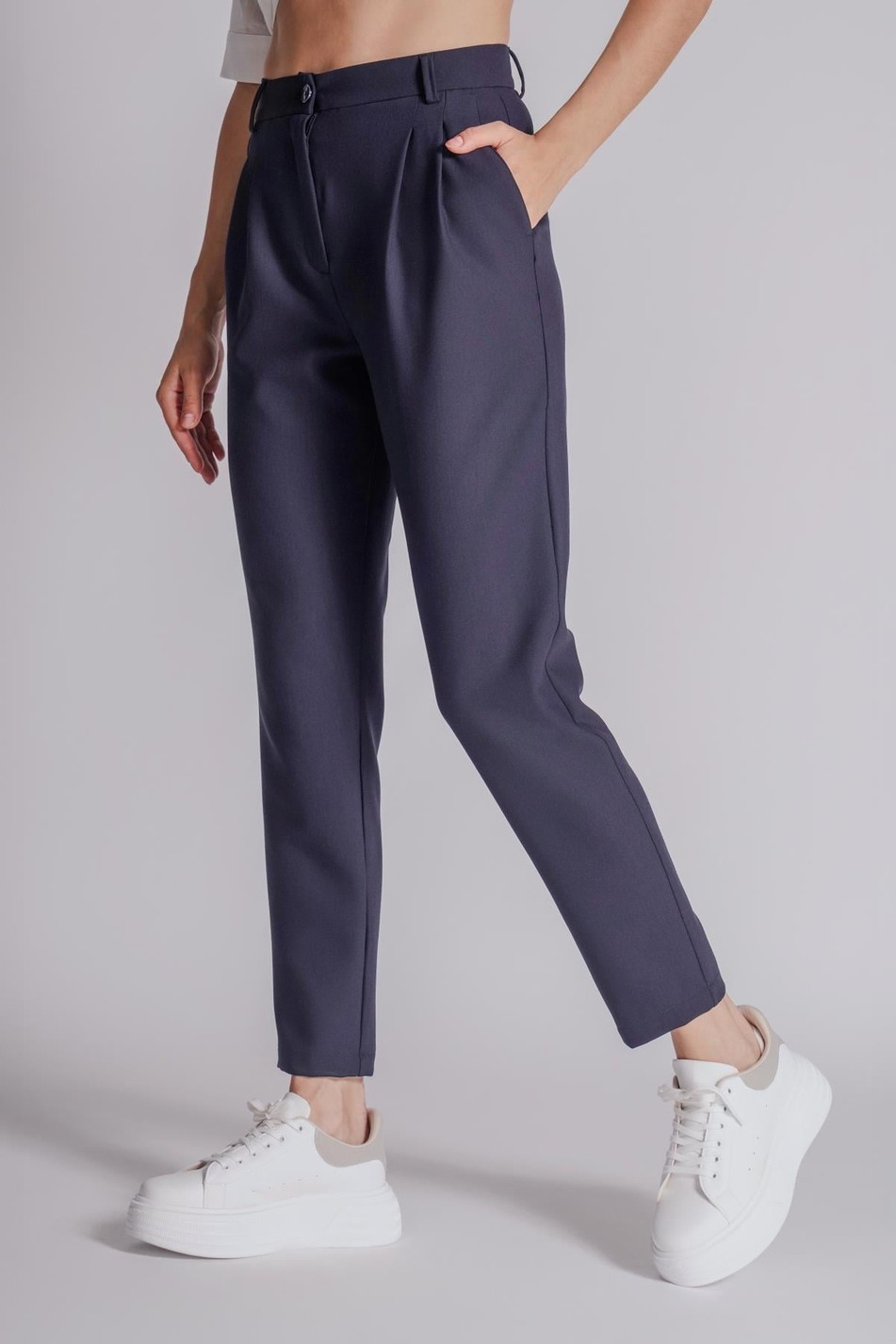  Women Side Pocket Back Pocket Elastic Waist Pleated Slim Fit Pants  Navy Blue