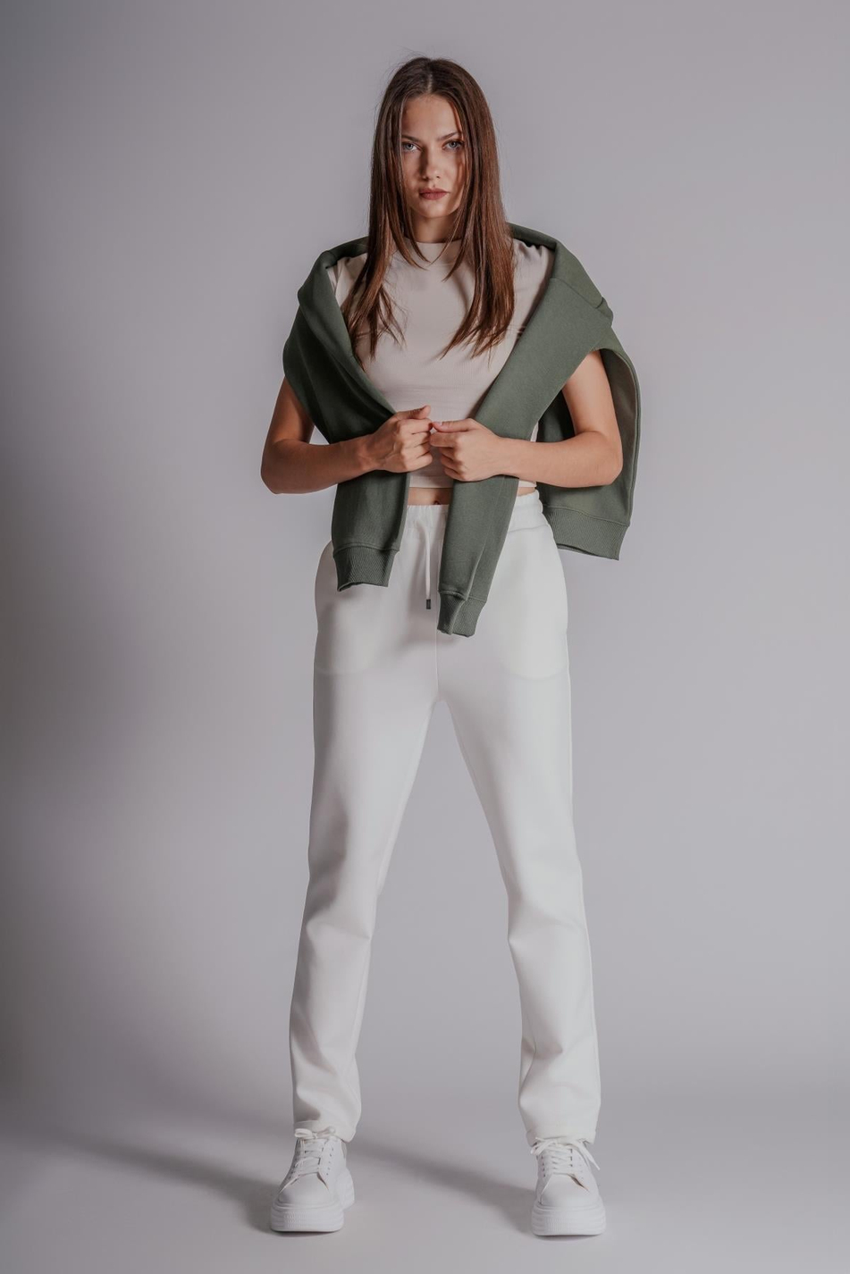  Women Side Pocket Elastic Waist DoubleHem Drawstring Slim Fit Jogger Pants  White