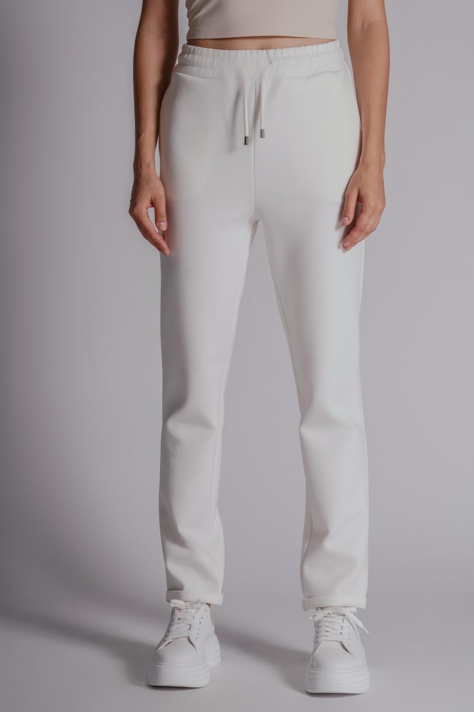  Women Side Pocket Elastic Waist DoubleHem Drawstring Slim Fit Jogger Pants  White