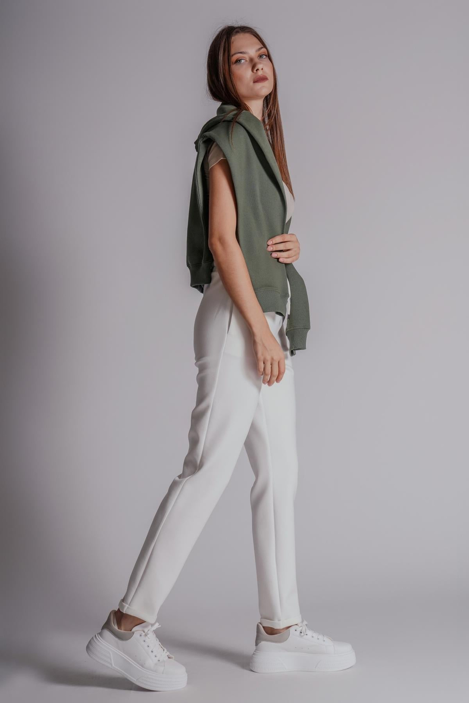  Women Side Pocket Elastic Waist DoubleHem Drawstring Slim Fit Jogger Pants  White