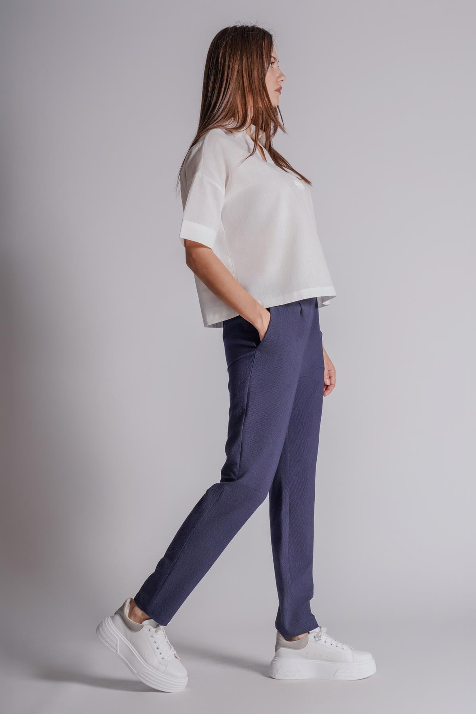  Women Side Pocket Elastic Waist Pleated Slim Fit Jogger Pants  Navy Blue