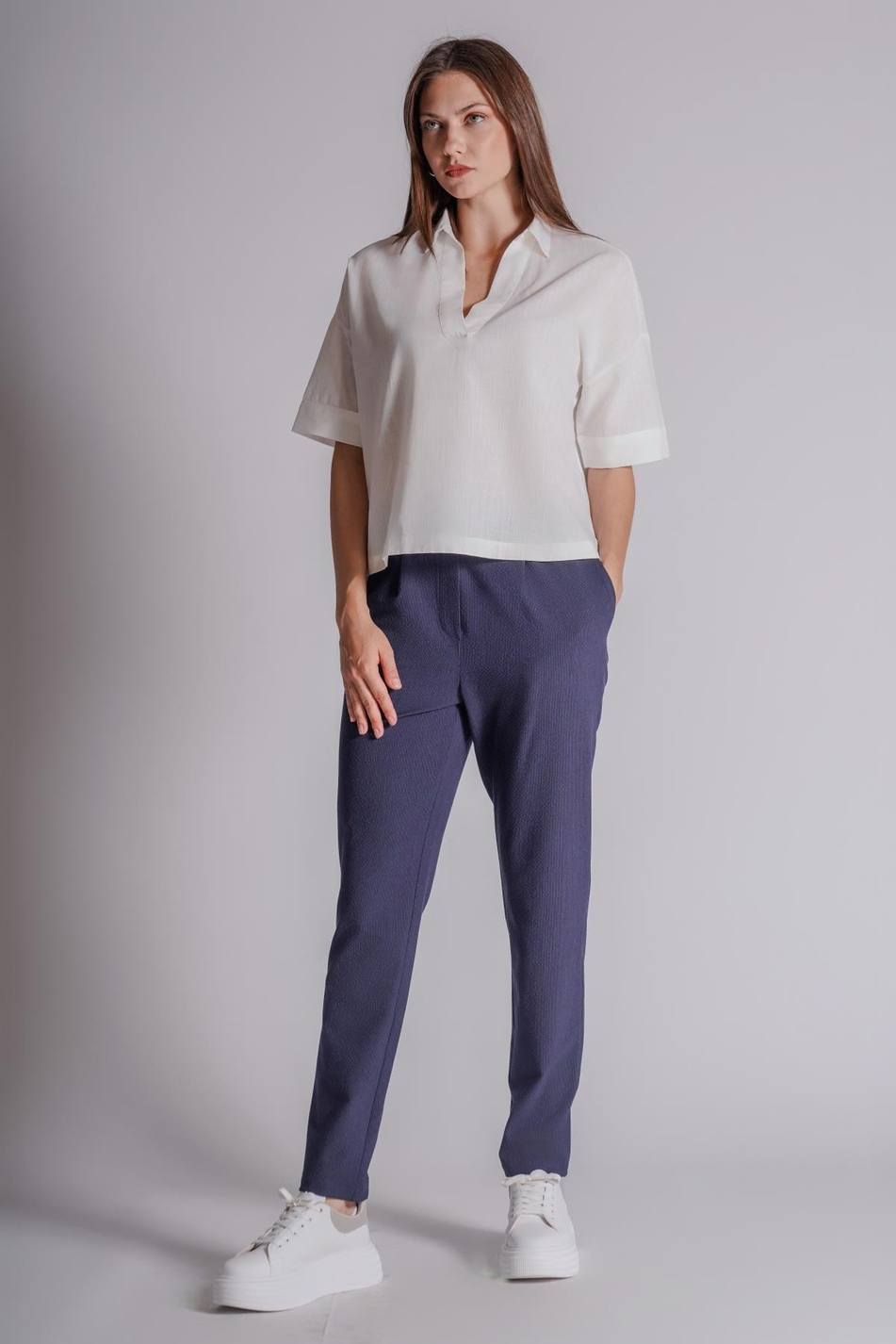  Women Side Pocket Elastic Waist Pleated Slim Fit Jogger Pants  Navy Blue