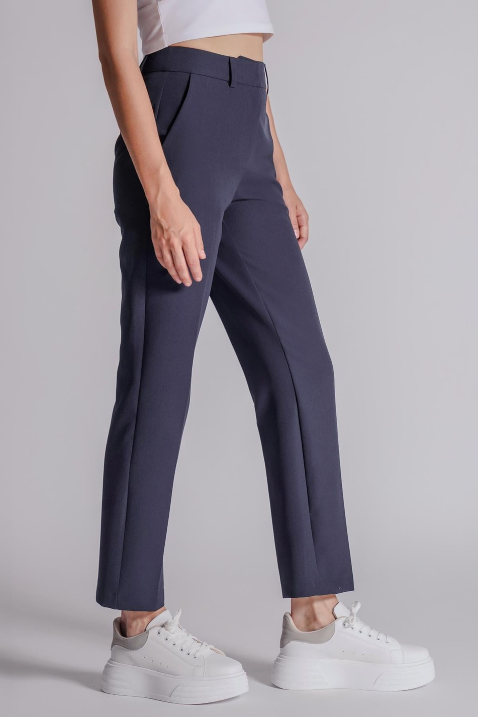  Women Side Pocket Zip and Hook Closure Slim Fit Pants  Navy Blue