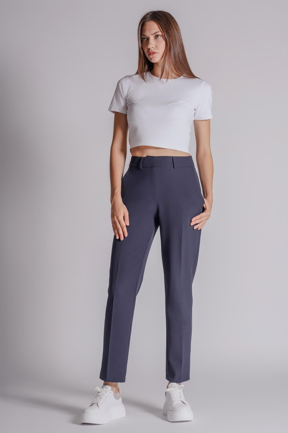  Women Side Pocket Zip and Hook Closure Slim Fit Pants  Navy Blue