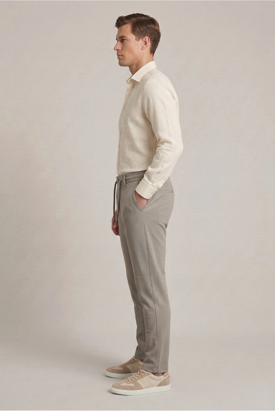 Erkek Açık Füme Slim Fit Bağcıklı Beli Yarım Lastikli Pamuklu Pantolon
