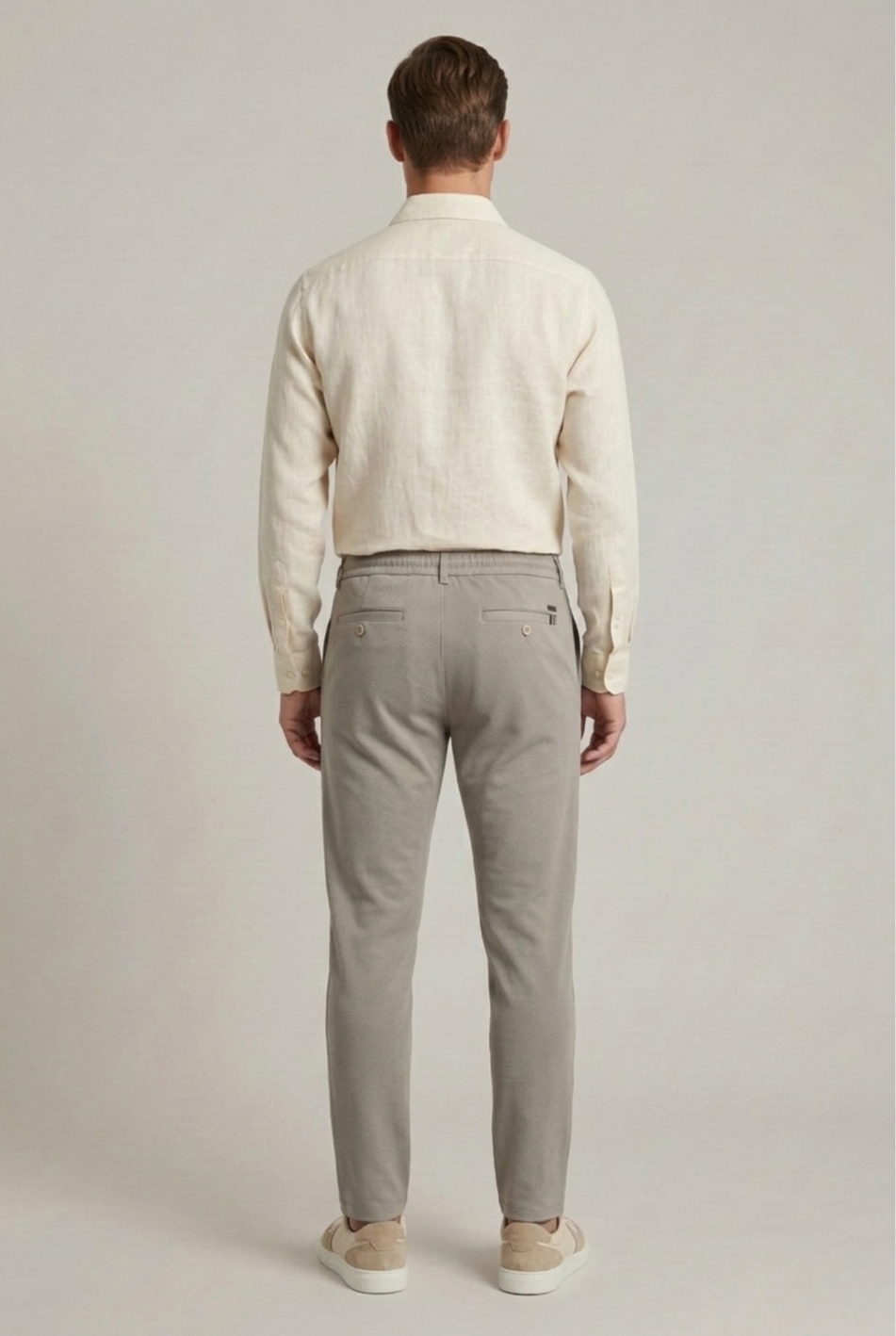 Erkek Açık Füme Slim Fit Bağcıklı Beli Yarım Lastikli Pamuklu Pantolon