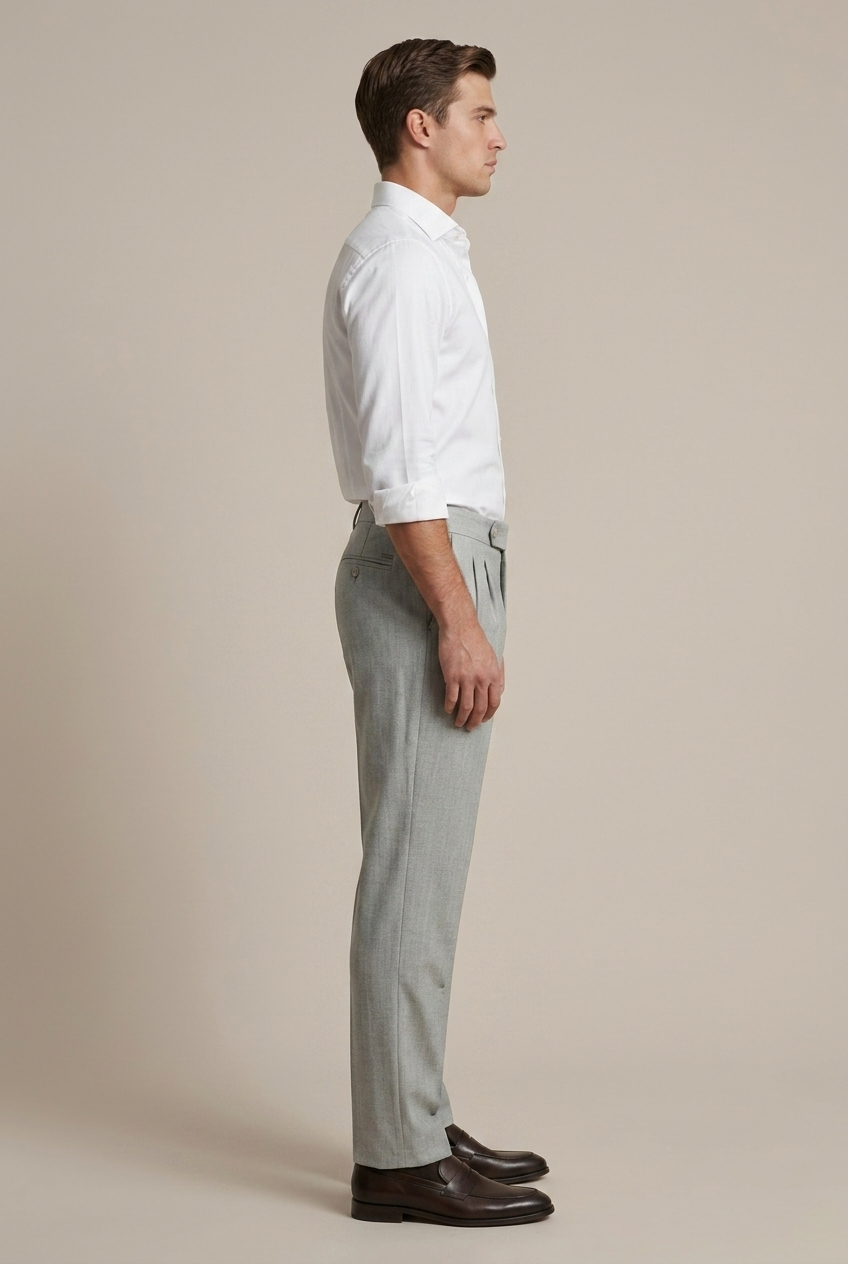 Erkek Açık Gri Balıksırtı Dokulu Çift Pilili Relaxed Fit Kumaş Pantolon