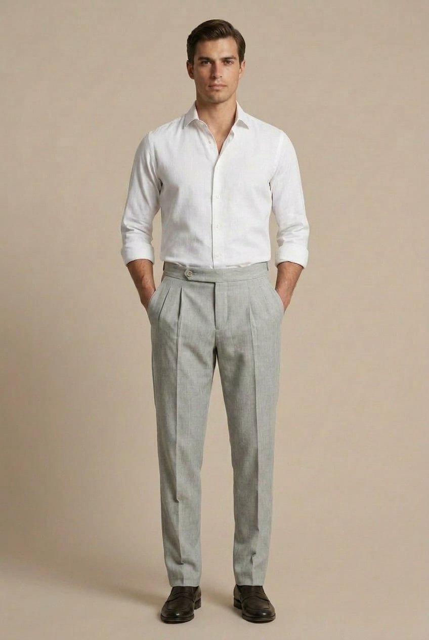 Erkek Açık Gri Balıksırtı Dokulu Çift Pilili Relaxed Fit Kumaş Pantolon