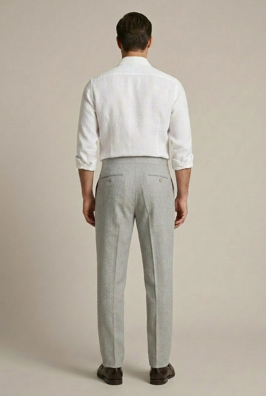 Erkek Açık Gri Balıksırtı Dokulu Çift Pilili Relaxed Fit Kumaş Pantolon