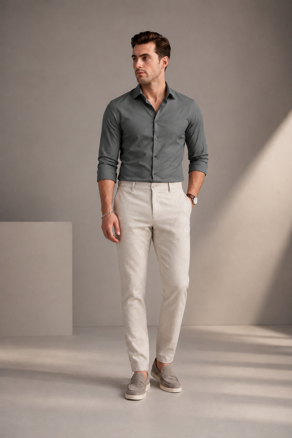 Erkek Açık Gri Slim Fit Yarım Lastikli Bel Klasik Pantolon