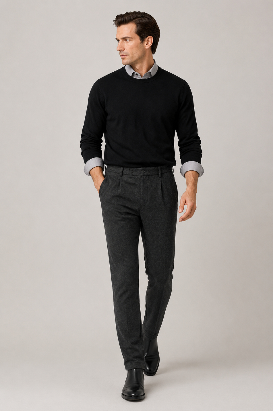 Erkek Antrasit Melanj Doku Kemer Tokalı Yumuşak Tuşeli Slim Fit Pantolon